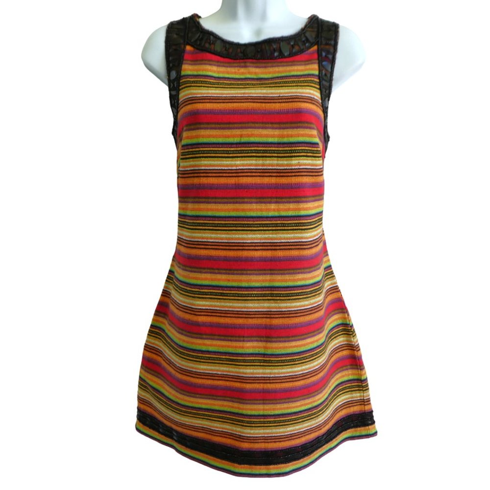 Free People New Romantics Tapestry Striped Sheath Dress Beads Faux Leather 10